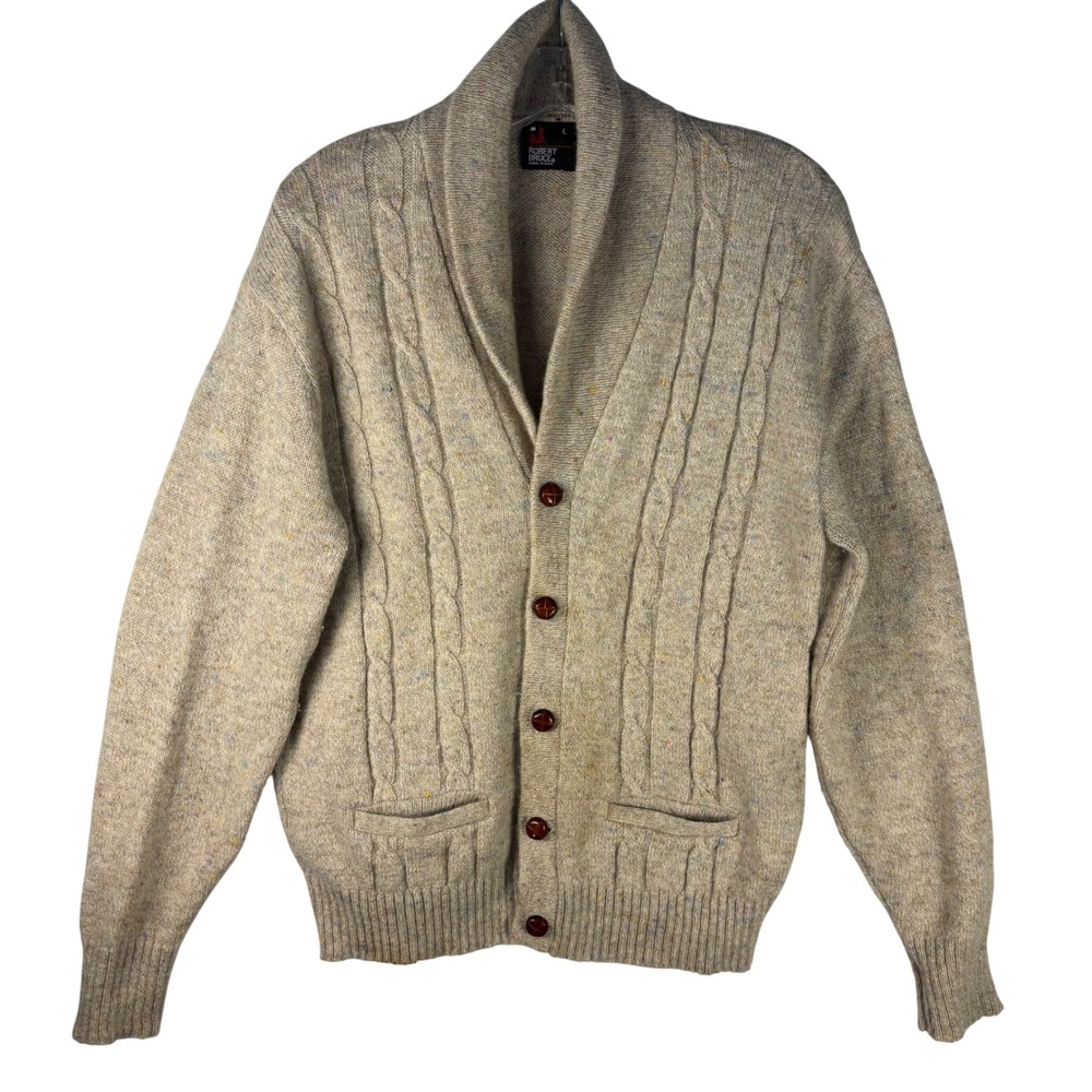 Robert Bruce Vintage Mens Large Shawl Collar Cable Knit Cardigan Sweater Tan USA - Picture 2 of 11